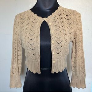 Express boho pointelle crochet knit tan cropped cardigan sweater